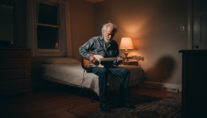 homem tocando guitarra sentado na cama do quarto