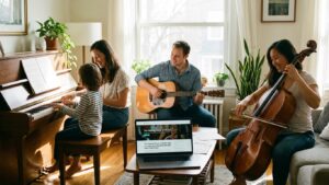 Pessoa tocando violão em casa, demonstrando os benefícios de aprender música para reduzir estresse e melhorar bem-estar