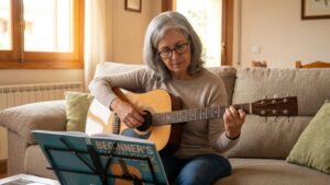 Pessoa tocando violão em casa, demonstrando os benefícios de aprender música para reduzir estresse e melhorar bem-estar