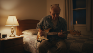mão de iniciante no braço da guitarra mostrando dedos nos trastes