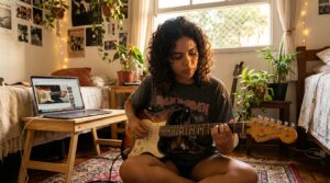 Jovem aprendendo a tocar guitarra elétrica em casa assistindo tutorial no notebook