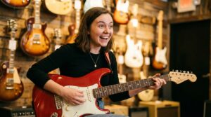 Iniciante segurando sua primeira guitarra elétrica vermelha em loja de música