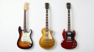 Comparativo entre três tipos de guitarra elétrica: Stratocaster, Les Paul e SG