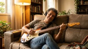 tocar guitarra: homem adulto tocando guitarra elétrica em casa com expressão relaxada e focada